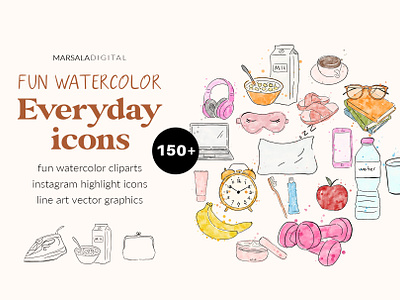 Everyday Icons Watercolor Line Art