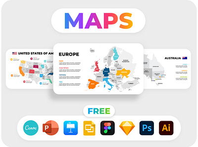 Free Maps! PowerPoint Presentation Template. Europe, USA, Asia.. america asia australia canva design europe figma free infographic infographics keynote map maps pitch deck powerpoint presentation slides template usa world