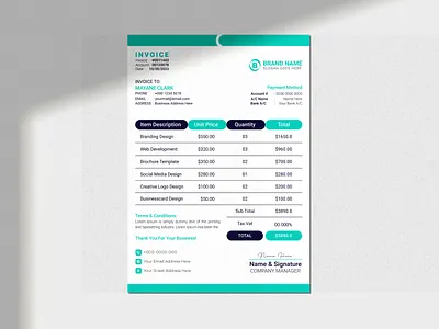 Corporate Invoice Design a4 branding business corporate creative design designer fillable graphic graphic design identity individual invoice letterhead marketing modern pdf form price list stylish template