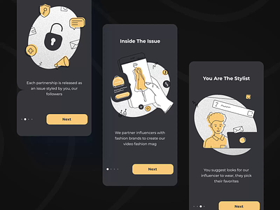 Shone. Onboarding animation animation app blacktheme branding color design friendly illustration interface mobile motion onboarding outfit social style ui ux video web yellow