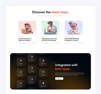 Blog & Integration Sections blog colorful dark design figma framer illustration integration interface landing landing page orange template ui ux website