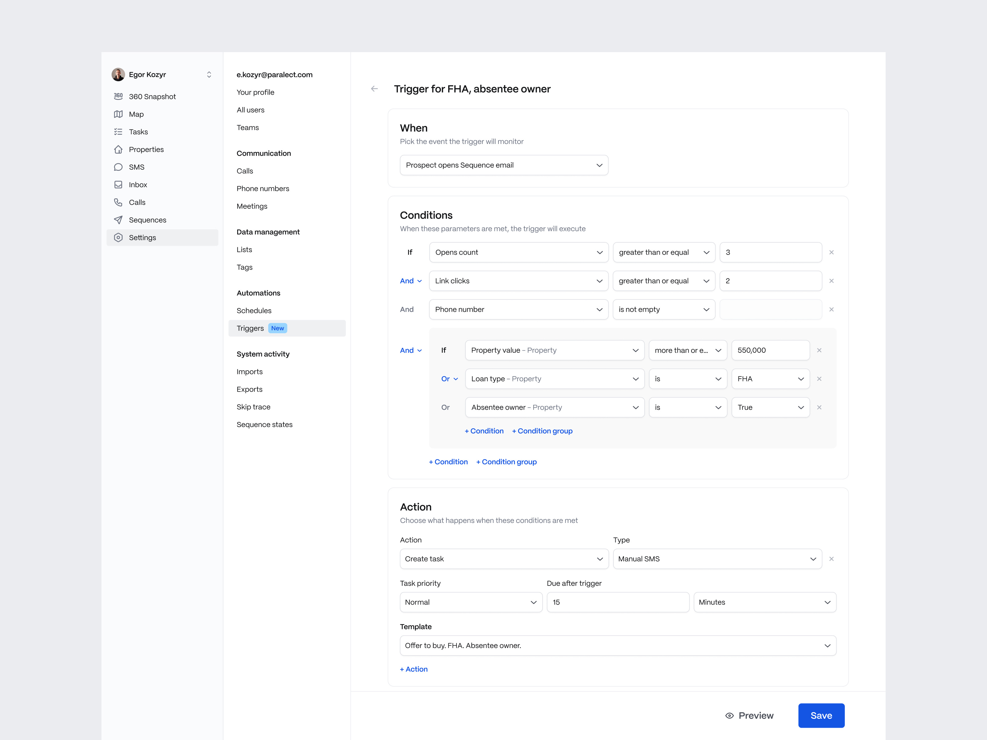 Trigger builder actions builder clean conditions menu minimalistic pangram pp mori saas sequences settings trigger trigger builder