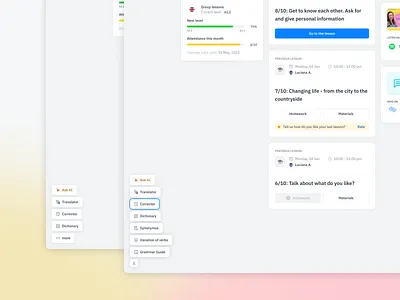 Fluentbe - Language tools applicantion dashboard language language level learning modal navigation online school profile progress side menu student tools web app