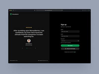 MoneyMentor Sign up and Log in screens figma personal finance product product design ui ux
