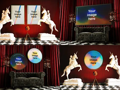 Surreal Gallery Museum Scene Mockups bird cage chess circle circular design floor frame gallery horizontal lynch mockup museum peaks scenes sofa square twin unicorn vertical