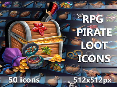 RPG Pirate Loot Icons 2d art asset assets fantasy game game assets gamedev icon icone icons indie indie game loot mmo mmorpg object pirate pirates rpg