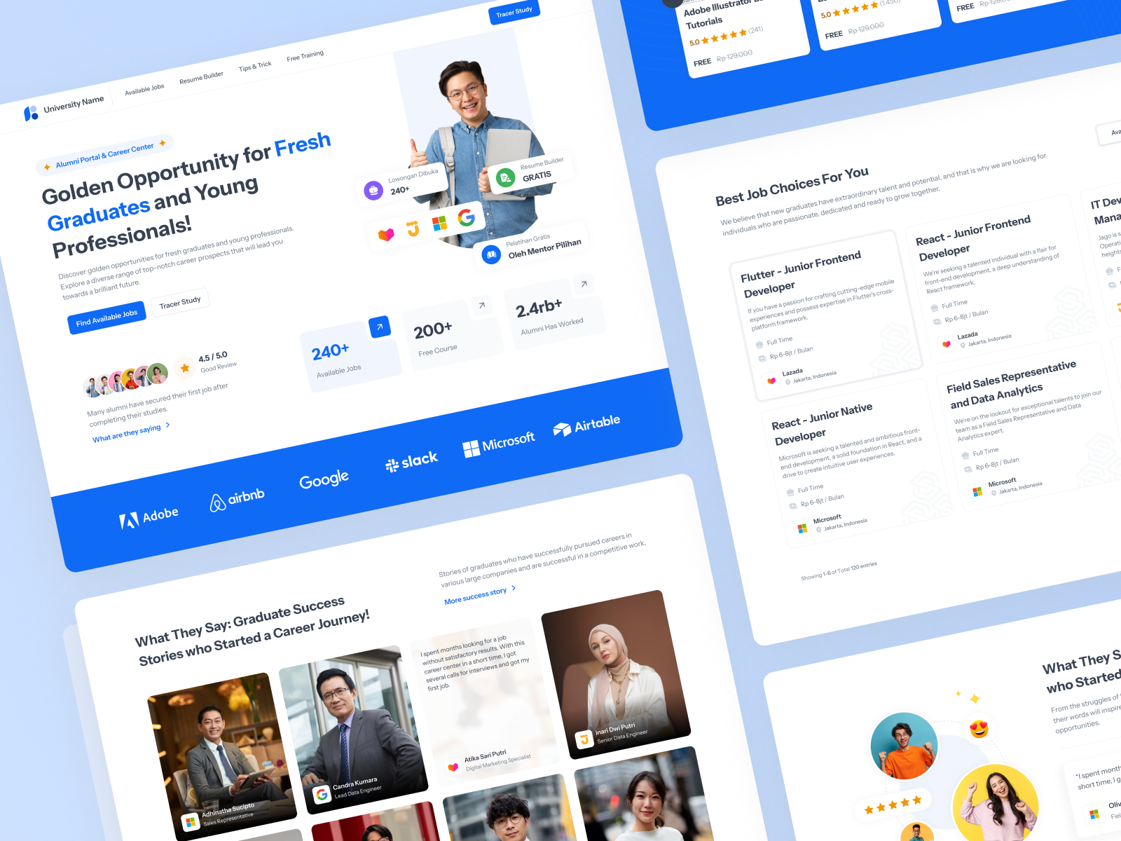 FreshJob - Career Center Website Landing Page campus career career center career guidance career journey cleandesign course freshgraduate guideline landing page landingpage review student testimoni testimonials tracer study university web design