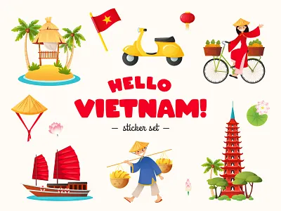 Set of Vietnam icons 2d bike cartoon character cute hat icon illustration junk boat people scooter sticker summer tourism tran quoc pagoda travel vacation vector vietnam