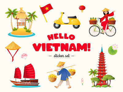 Set of Vietnam icons 2d bike cartoon character cute hat icon illustration junk boat people scooter sticker summer tourism tran quoc pagoda travel vacation vector vietnam