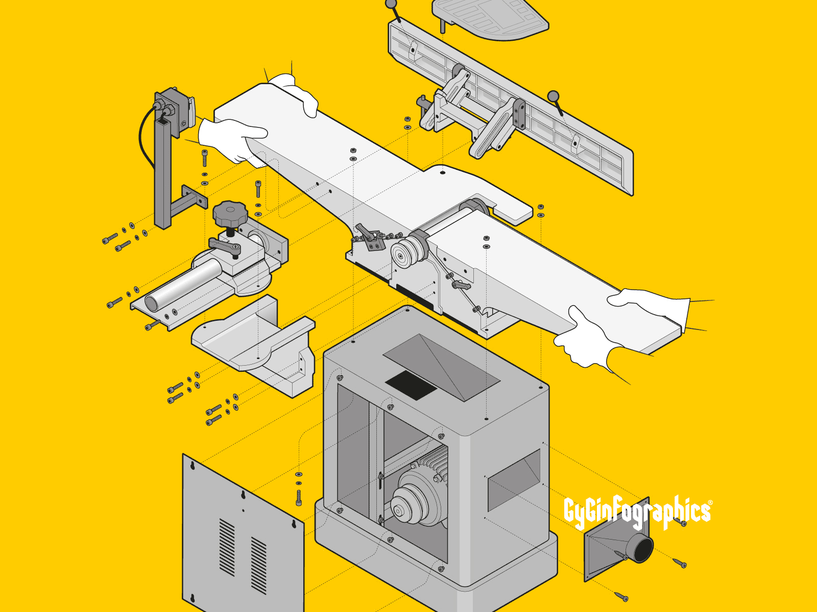 Isometric Carpentry Jointer adobe illustrator assembly carpentry diy handyman ikea instructional design instructional graphics isometric jointer powertool process step by step tech technical technical drawing technical graphics technical illustration vector graphics woodworking
