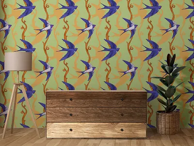 COTTON - patterns & motifs animals birds blue branding colorful design drawing graphic design green home decor illustration pattern pattern design seamless pattern summer surface design surface pattern swallows wall art wallpaper