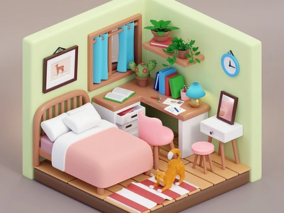 Cute Bedroom, 3D illustration 3d 3d art digital art illustration low poly