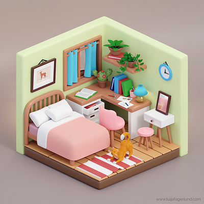 Cute Bedroom, 3D illustration 3d 3d art digital art illustration low poly