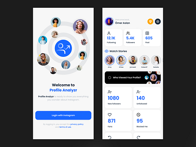 Profile Analyzer App UI analyze app application card dashboard instagram interface login profile statistic stats ui unfollow ux
