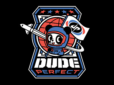 Dude Perfect / Blue Origin (3) america astronaut dude perfect flag globe mascot nasa panda planet rocket rocket ship space space ship stars usa