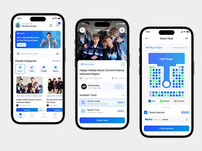 Ticketly - Event Ticket Mobile Apps blue concert event event ticket mobile mobile apps modern modern ui music music tickets simple ticket apps ticket concert ticket events app ticket online tickets ui uiux