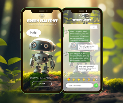 ChatBot Mobile App UI Design adobe xd chatbot environment environment chatbot green logo mobile app robot ui ux