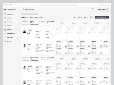 Department Planning - Wireframe calendar clean dashboard department employee employee calendar hr management multiple calendar saas ui ux web design wireframe work hour view