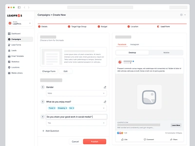 Leadpros 🎯 ad creation campaign campaign creation clean create progress dashboard lead creation process ui saas ui ux web design