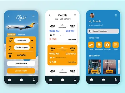 Flight Booking Mobile App UI UX Design android app blue branding dailyui design graphic design illustration interface ios mobile mobile design mockup typography ui uiux ux uxui vector web