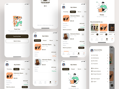 Coffee Shop Mobile App (Order History) app beans clean cofe coffee design empty history listing minimal mobile ui order order history product rating review shop store ui ux