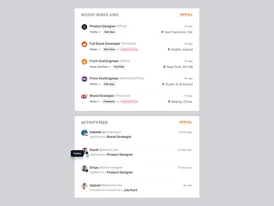 Recent Added Jobs, Activity Feed - HR Dashboard card components dashboard hrmanager humanresource jobpost joniahmed product design saas twitter ui design userexperience