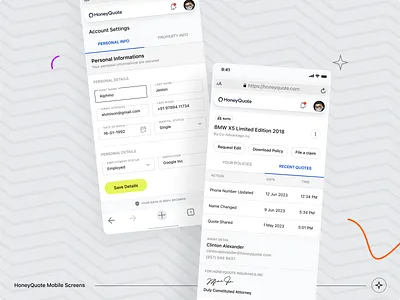HoneyQuote - MyHive Dashboard - Mobile Screens account app dashboard honeyquote lines myhive pattern policy details premium profile sign tab website