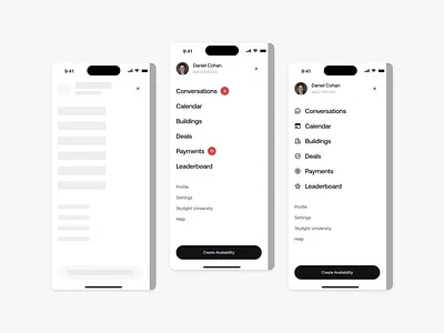 Skylight - Navigation Drawer agency app button clean dashboard design system ios native loading state navigation profile side drawer side navigation tab bar ui user interface ux