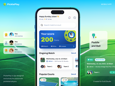 Pickleplay - Pickleball mobile app UI Kit chat design game invite leaderboard match pickleball player qrcode score search sport statistic status ui ui kit