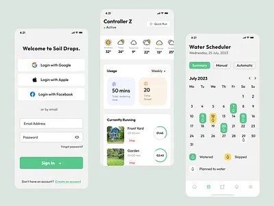 Smart Watering System Mobile App app design calendar clean design environment figma growth ios login mobile app monitoring reminder uiux water schedule watering watering app