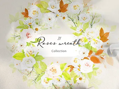 Beautiful watercolour white rose wreath design branch