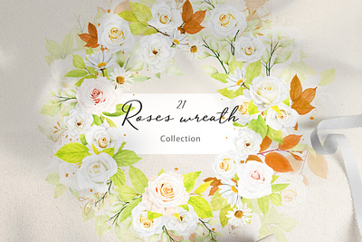 Beautiful watercolour white rose wreath design branch