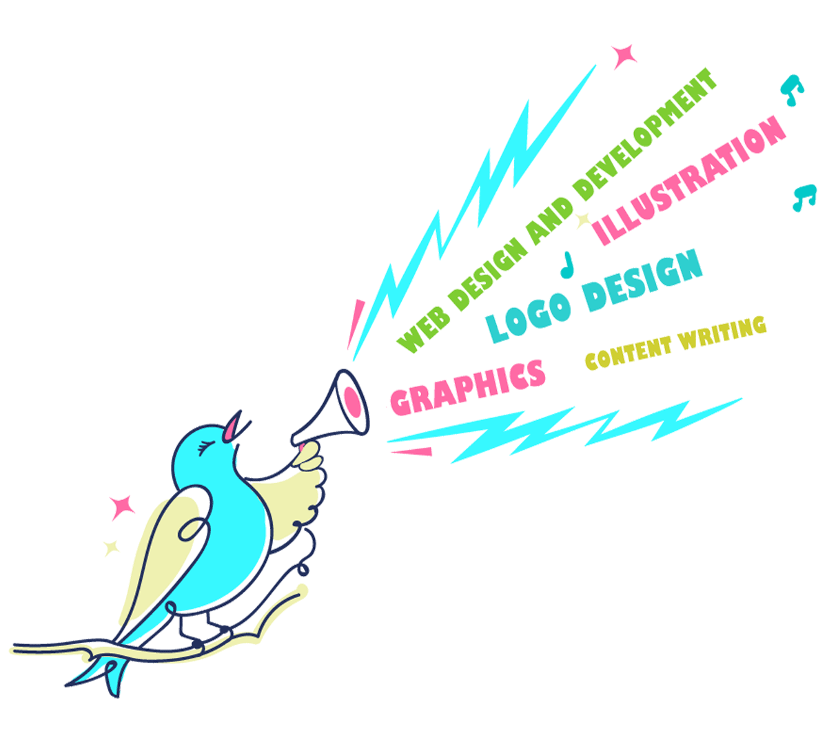 Illustration of a bird announcing my services adobe illustrator announcement illustration line art modern line art pink blue green