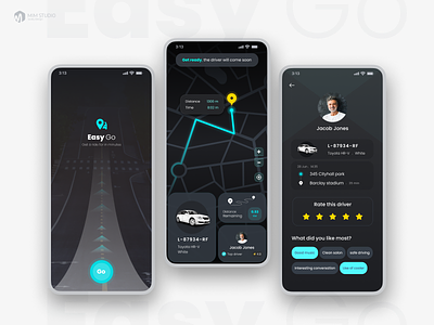 Easy go - Taxi Booking Mobile App app car card dark location map minimal modern navigation passenger product design profile rate splash taxi taxi app taxi booking uber ui uiux