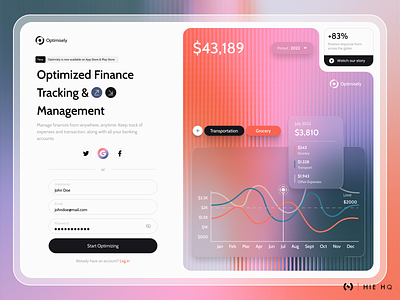 Optimisely - Finance App Landing Page analytics compare finance app fintech glassmorph glassmorphism gradient landing page liquid gradient multi gradient onboarding optimise sign up page statistics ui design ux design wave gradient webapp