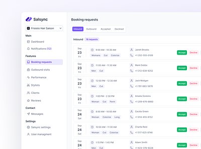 Salsync | Booking requests accept analytics barber booking branding dashboard ui date features hair modern product product design saas salon sorting stylist switching tabs ui ux design