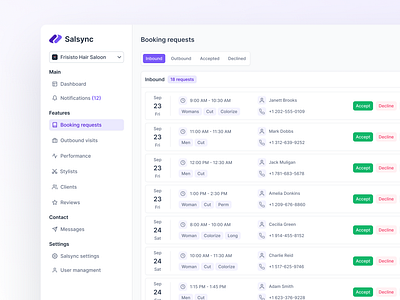 Salsync | Booking requests accept analytics barber booking branding dashboard ui date features hair modern product product design saas salon sorting stylist switching tabs ui ux design