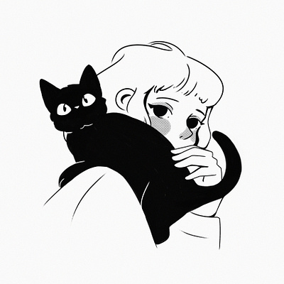 Girl and black cat blackwork character cozy design digital art illustration