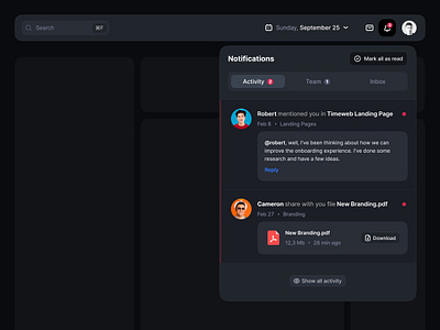 Notifications and activity 🔔 activity card dropdown inbox menu message modal notifications notify ui ux