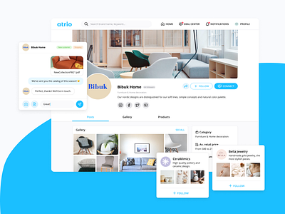 Atrio Marketplace Retailer Wholesale E-commerce Showcase Mockup brand card cart chat component design system ecommerce follow gallery header marketplace message mockup page product profile search store ui ui kit