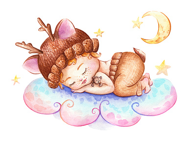 Baby-sleeps-on-a-cloud artwork baby shower beauty cartoon character child clouds cute baby is sleeping deer costume design dream graphic design happy hat with horns of a fawn moon and stars sleep smiling sweet the illustration is made by hand watercolor