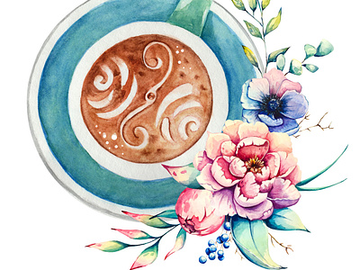 a cup of coffee with a bouquet of flowers anemones artwork beauty bouquet cafe menu cartoon cup design drawing in a cup of coffee flora graphic design illustration isolated nature peony flower plant summer cup of coffee tea vintage watercolor drawing