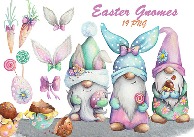 Spring. Cute Easter Gnomes artwork baby shower beauty cartoon chocolate eggs clip art cute gnome design easter graphic design happy easter illustration set of gnomes