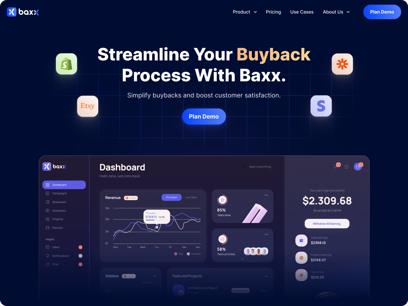 Modern Dark Website for Baxx - The Ultimate Buyback Software b2b blue buyback clean colorful dark mode dashboard gold gradient graphics infographics modern saas software ui ux