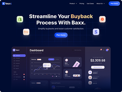 Modern Dark Website for Baxx - The Ultimate Buyback Software b2b blue buyback clean colorful dark mode dashboard gold gradient graphics infographics modern saas software ui ux