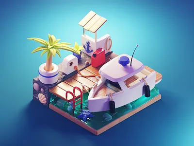 Docking Boat 3d blender boat diorama dock illustration isometric lowpoly mooring render summer