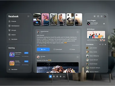 Facebook Dashboard - Spatial Style 😀 😍 ai app apple ar dashboard design design app dribbble post facebook glass glass morphism ios redesign saas spatial ui vision vision pro vr website