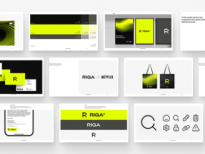 Riga Brand Guideline Templates brand guideline brand guidelines brand guidelines template brand identity branding color palette customizable design download brand guideline kit figma template illustration logos midjourney neon yellow printed replace style guide template typography ui