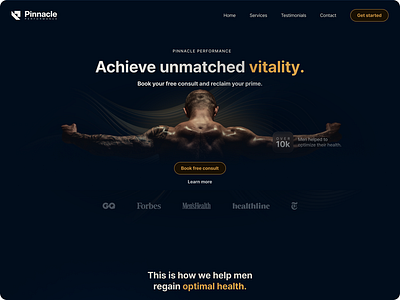 Dark Mode Landing Page: Pinnacle Performance (Men's Health) blue dark gold health hormone landing page masculine mens health performance testosterone ui ux web design website white