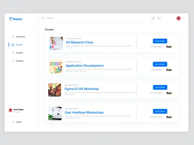Teacha Courses feature dashboard online platform ui ux